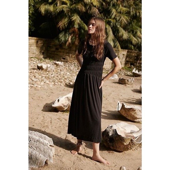 Free People Beach Meg Midi Dress Color Brown Size Medium Ruched NEW - Picture 9 of 9